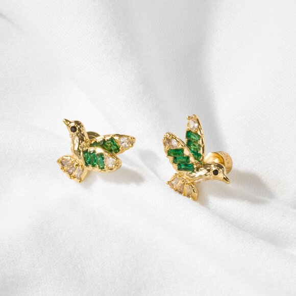 Alicia Bonnie Hummingbird Stud Earrings Gold Green Crystal Bird Jewelry - Picture 5 of 5